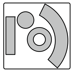 Grafik mit einfachen grauen Formen in Rahmen: vertikales Rechteck, kleiner Kreis, Ring und gebogener Balken.